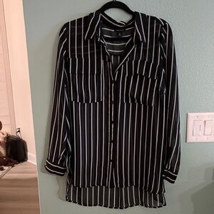 Black and White Vertical Stripe Button-Up Blouse